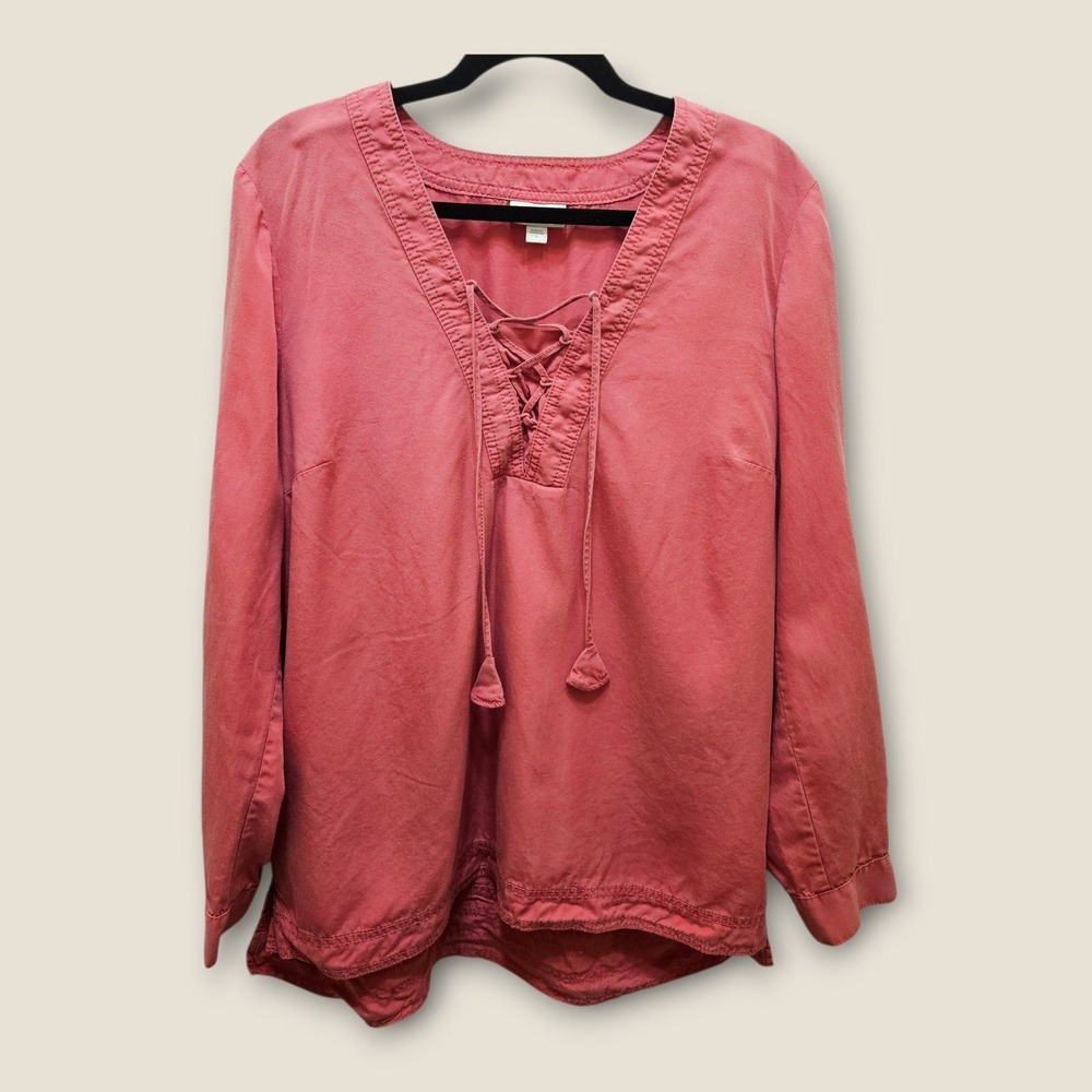 J.Jill Women's L Long Sleeve Lace-Up Tunic Top Lyocell Blend Earthy Red